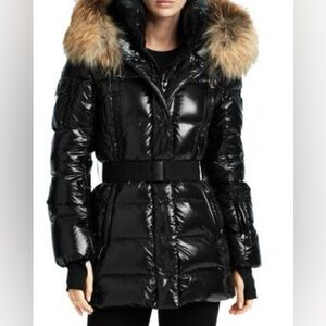 SAM. Belted Jacket with real fur hood. Dark brown and black, Size S